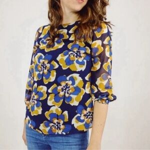 CAbi Lydia Floral Blue and Yellow Blouse Sz L